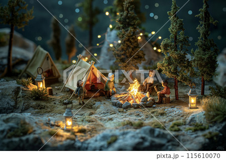 ミニチュアキャンプシーン:夜の山と焚き火のひととき ミニチュアキャンプシーン:夜の山と焚き火のひととき 115610070