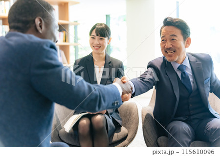 ロビーで握手する多国籍ビジネスパーソンのグループ ロビーで握手する多国籍ビジネスパーソンのグループ 115610096
