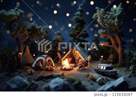 ミニチュアキャンプシーン：夜の山と焚き火のひととき 115610267