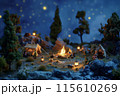 ミニチュアキャンプシーン：夜の山と焚き火のひととき 115610269