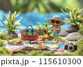 ミニチュアビーチピクニックシーン：夏の休暇と山の自然 115610300