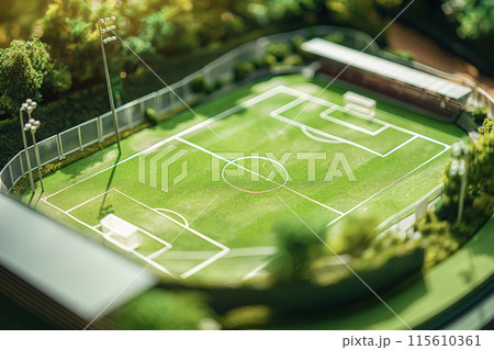 ミニチュアサッカー場模型：芝のフィールドとスタジアム 115610361