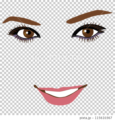 Illustration of a woman's face with various expressions without outlines, light makeup version 18. Parts model illustration. 115610367