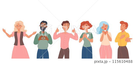 Sincere male and female characters. Multiracial grateful smiling people saying Thank you. Flat cartoon illustration. Vector Sincere male and female characters. Multiracial grateful smiling people saying Thank you. Flat cartoon illustration. Vector 115610488
