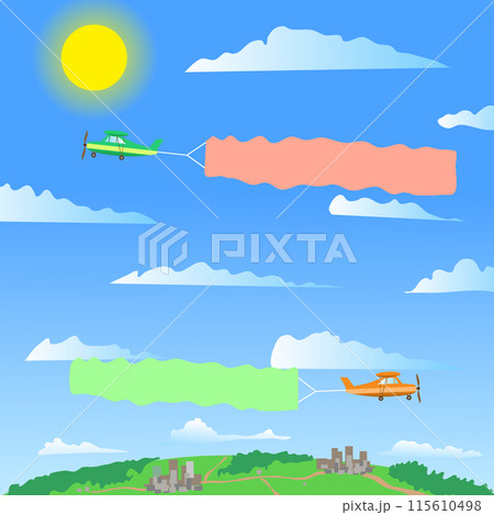 Orange and green planes with banners flying in different directions in the sky. below you can see the land of the city and the roads between them. Good sunny weather and light clouds in the sky Orange and green planes with banners flying in different directions in the sky. below you can see the land of the city and the roads between them. Good sunny weather and light clouds in the sky 115610498