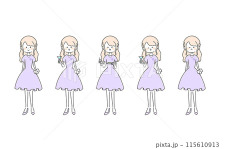 ドレスを着た笑顔の女の子の表情セット 115610913