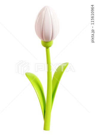 Daisy plastic flower bud with white petals, green stem and leaf. Cartoon icon 3d render illustration. Cute chamomile bubble bloom for spring and summer design. Glossy balloon blossom floral element. 115610964
