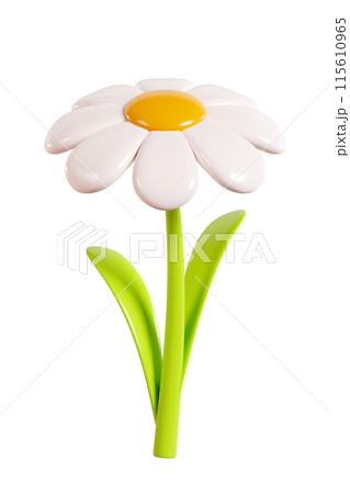 Daisy plastic flower with white petals, green stem and leaf. Cartoon icon 3d render illustration. Cute chamomile bubble bloom for spring and summer design. Glossy balloon blossom floral element. Daisy plastic flower with white petals, green stem and leaf. Cartoon icon 3d render illustration. Cute chamomile bubble bloom for spring and summer design. Glossy balloon blossom floral element. 115610965