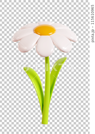 Daisy plastic flower with white petals, green stem and leaf. Cartoon icon 3d render illustration. Cute chamomile bubble bloom for spring and summer design. Glossy balloon blossom floral element. 115610965