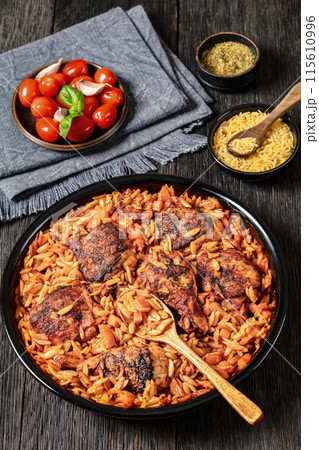 baked greek chicken orzo stew in tomato sauce baked greek chicken orzo stew in tomato sauce 115610996