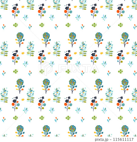 Seamless folk illustration featuring simple, Flat boho, childish bright green, malachite, yellow decorative flowers, trees, yellow leaves White background, evoking spirit autumn.Home decor, Childish 115611117