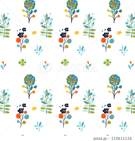 Seamless folk illustration featuring simple, Flat boho, childish bright green, malachite, yellow decorative flowers, trees, yellow leaves White background, evoking spirit autumn.Home decor, Kids 115611118