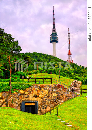 Communication towers on Namsan Mountain in central Seoul, South Korea Communication towers on Namsan Mountain in central Seoul, South Korea 115611134