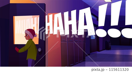 Boy in night school corridor near door and haha 115611320