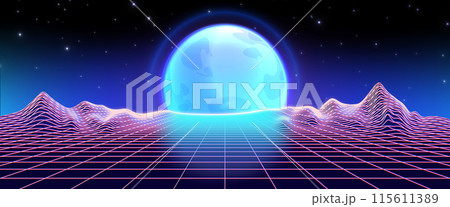 Retro synthwave bg with grid mountain and moon Retro synthwave bg with grid mountain and moon 115611389