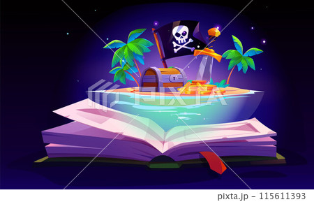 Open magic fairytale book with pirate island 115611393