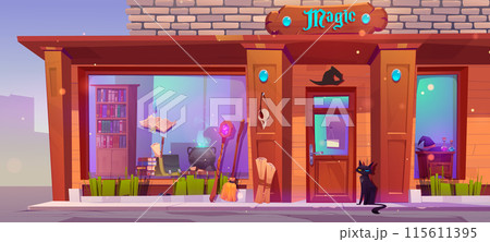 Magic shop facade with wooden entrance door Magic shop facade with wooden entrance door 115611395