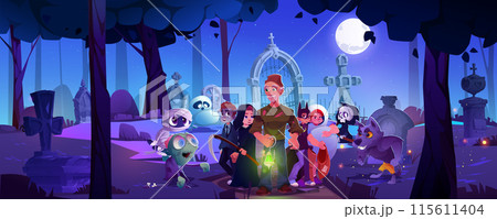 Kids in Halloween costumes and cemetery keeper 115611404