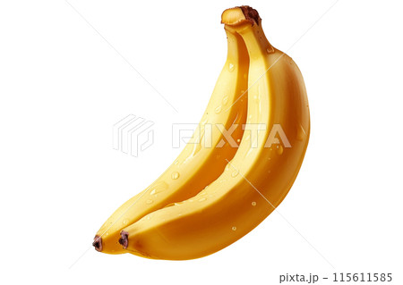 Bright yellow bananas with water droplets, isolated on white background, ideal for healthy food visuals. Bright yellow bananas with water droplets, isolated on white background, ideal for healthy food visuals. 115611585