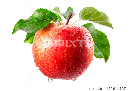 A fresh red apple with dew drops and leaves isolated on white background. 115611597