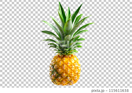 Vibrant and juicy pineapple with green leaves, perfect for summer recipes, isolated on white transparent background. Vibrant and juicy pineapple with green leaves, perfect for summer recipes, isolated on white transparent background. 115611638