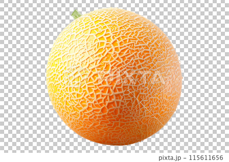 A ripe and juicy cantaloupe melon isolated on a white transparent background, highlighting its textured skin. 115611656