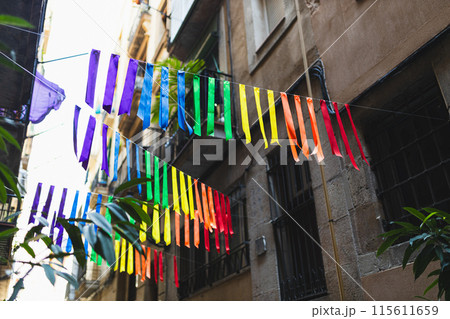 Festive ribbon of multicolored rainbow flags on the urban background. Celebration party, holiday fair, festival decorations. Gay pride symbol. 115611659