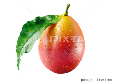 Ripe mango with green leaves and water drops isolated on white transparent background, colorful, organic, exotic, and delicious. 115611661