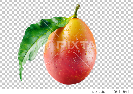Ripe mango with green leaves and water drops isolated on white transparent background, colorful, organic, exotic, and delicious. 115611661