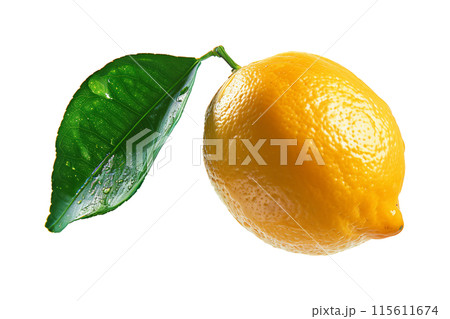 A ripe, bright yellow lemon with a fresh green leaf, suitable for food, drink, and health related topics isolated on white transparent background A ripe, bright yellow lemon with a fresh green leaf, suitable for food, drink, and health related topics isolated on white transparent background 115611674