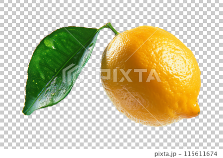 A ripe, bright yellow lemon with a fresh green leaf, suitable for food, drink, and health related topics isolated on white transparent background 115611674
