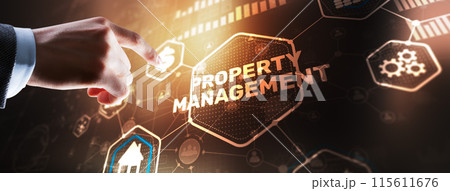 Businessman pressing PROPERTY MANAGEMENT button on virtual screens Businessman pressing PROPERTY MANAGEMENT button on virtual screens 115611676