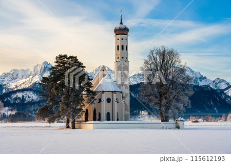 St. Coloman church near to Neuschwanstein castle with Tannheimer mountains in winter, Allgau, Germany St. Coloman church near to Neuschwanstein castle with Tannheimer mountains in winter, Allgau, Germany 115612193
