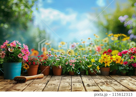 Colorful flowers and garden tools arranged neatly on a wooden table, set against a blurred natural background. Generative AI Colorful flowers and garden tools arranged neatly on a wooden table, set against a blurred natural background. Generative AI 115612313
