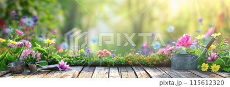 A wooden table is adorned with an array of vibrant flowers and garden tools, set against a blurred natural backdrop. Generative AI 115612320