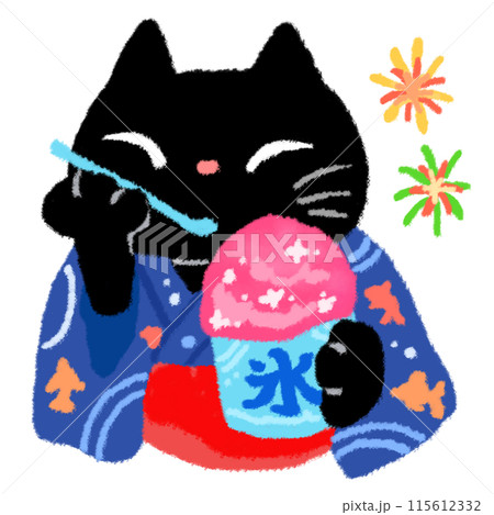 花火をバックにイチゴ味のかき氷を食べる黒猫 115612332