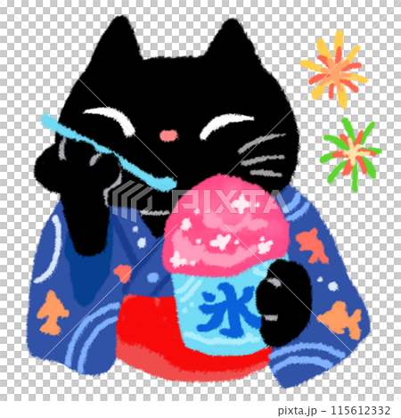 花火をバックにイチゴ味のかき氷を食べる黒猫 115612332