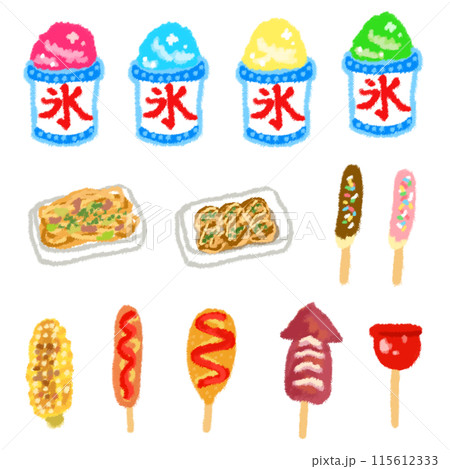 夏祭りの屋台の食べ物の素材セット 115612333