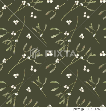 Seamless pattern of watercolor mistletoe with white berries on a dark green background. Christmas pattern in botanical style, for New Year's wrapping paper, textile, cards, digital or print designs 115612638