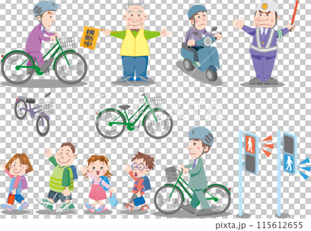 Traffic safety <Illustrations for traffic safety awareness: children, bicycles, traffic instructors, traffic control, scooters> 115612655