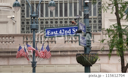 New York City Grand Central Terminal, 42 street sign, Park Avenue, Pershing Square. American flag. 115612704