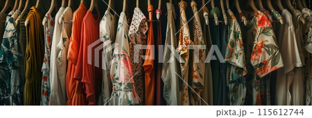 Fashionable womens closet wallpaper with summer dresses and shirts on hangers, a creative concept for a designer clothing store. Generative AI 115612744