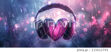 Heart with Headphones on Neon Light Background, Generative AI 115612745
