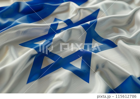 White and blue flag with Star of David fluttering in the wind in a close-up front view. Generative AI 115612786
