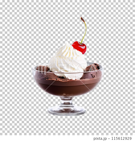 Chocolate ice cream in a classic glass sundae dish topped with whipped cream chocolate shavings 115612929