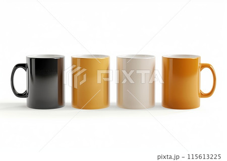 Collection of four empty coffee mugs in different colors aligned on a clean white surface 115613225