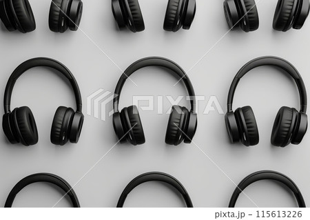Multiple black, wireless headphones neatly arranged against a white backdrop 115613226