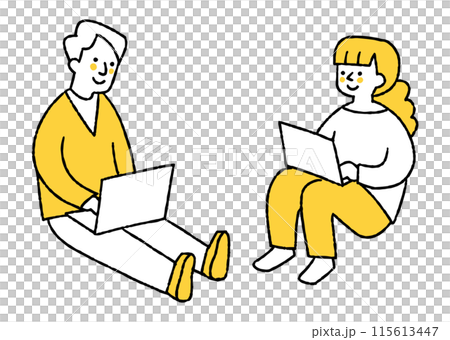 一個男人和一個女人坐在地上在電腦上工作 115613447