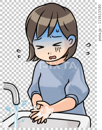 青い顔でゴシゴシ手を洗う女性 青い顔でゴシゴシ手を洗う女性 115613580