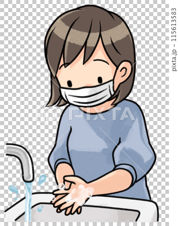マスクをして手を洗う女性 115613583